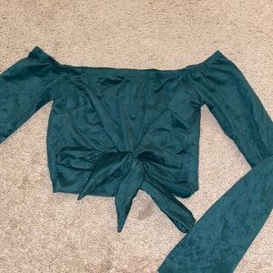 Cropped suede green off the shoulder tie front shirt size S